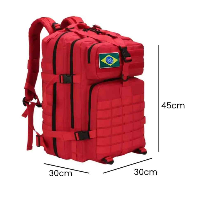 Mochila Exército Militar Tática 50L para Viagem e Expedição Vermelha Urbanno, com linhas indicando suas dimensões de 45cm de altura, 30cm de largura e 30cm de profundidade.