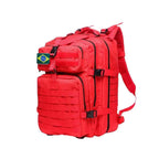 Mochila Exército Militar Tática 50L para Viagem e Expedição Vermelha Urbanno, vista frontal, com patch da bandeira do Brasil e múltiplos compartimentos, pronta para aventuras.