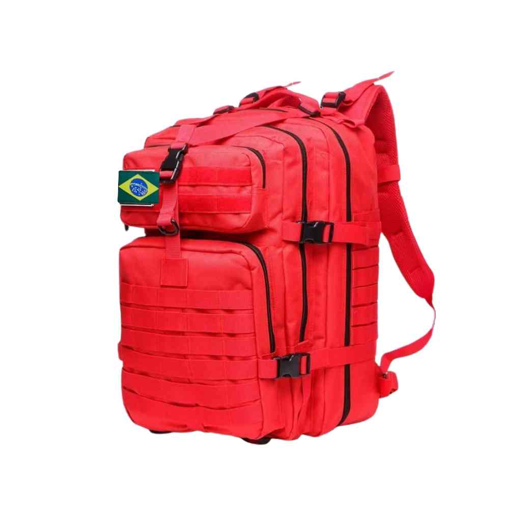 Mochila Exército Militar Tática 50L para Viagem e Expedição Vermelha Urbanno, vista frontal, com patch da bandeira do Brasil e múltiplos compartimentos, pronta para aventuras.