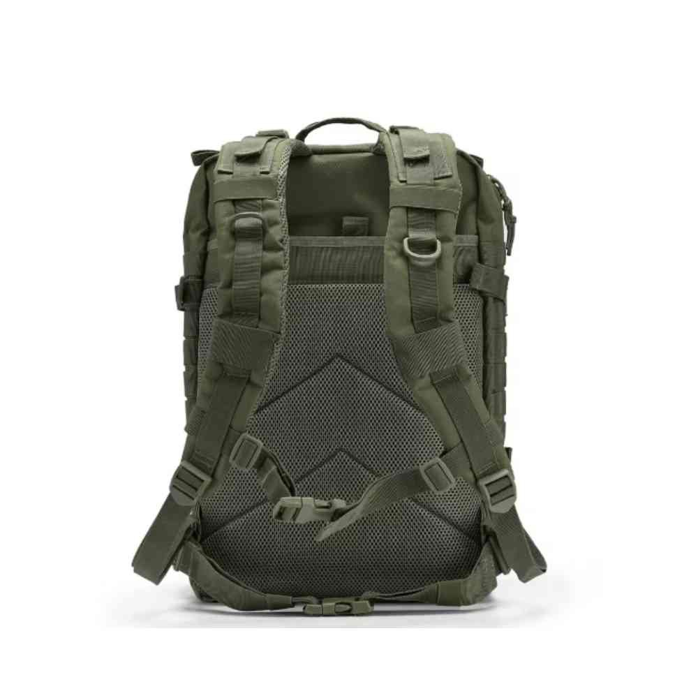 Mochila Exército Tática 50L para Viagem e Expedição Verde Militar Urbanno, vista traseira, destacando o sistema de ventilação, alças acolchoadas e ajustáveis para máximo conforto.