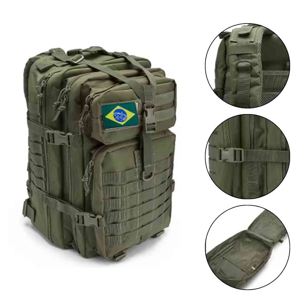Mochila Exército Tática 50L Verde Militar Urbanno, vista frontal, com patch da bandeira do Brasil, e três círculos detalhando as alças acolchoadas, fivelas de ajuste e um bolso lateral aberto, realçando a funcionalidade.