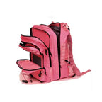 Mochila Feminina Exército Militar Tática 50L para Viagem e Expedição Rosa Urbanno, aberta, exibindo seus múltiplos compartimentos internos, bolsos e divisórias para organização eficiente.