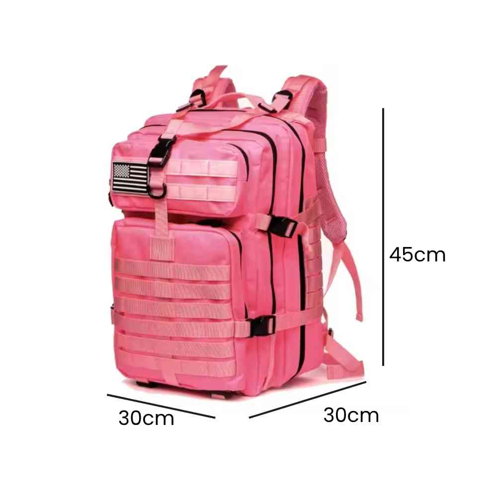 Mochila Feminina Exército Militar Tática 50L para Viagem e Expedição Rosa Urbanno, com linhas indicando suas dimensões de 45cm de altura, 30cm de largura e 30cm de profundidade.