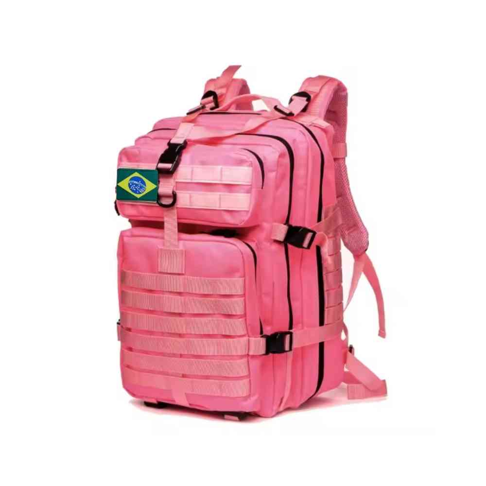 Mochila Feminina Exército Militar Tática 50L para Viagem e Expedição Rosa Urbanno, vista frontal, com patch da bandeira do Brasil e múltiplos compartimentos, ideal para mulheres aventureiras.