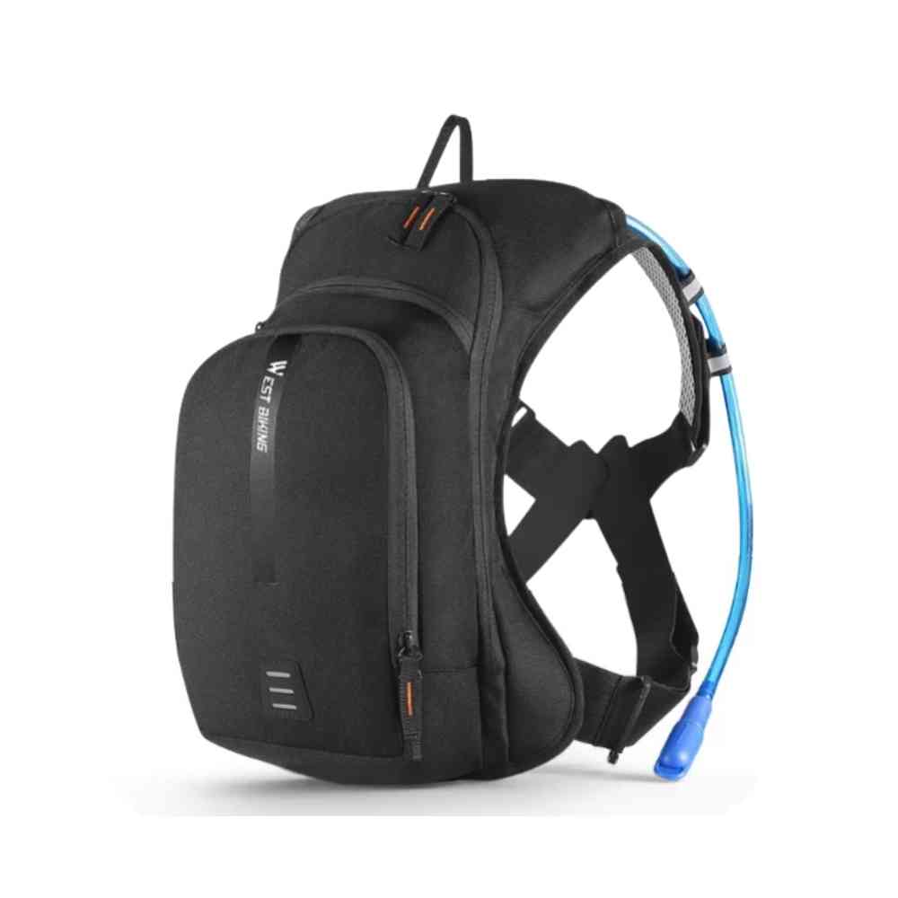 Mochila de Hidratação 10L WEST BIKING com Reservatório 2L Ultraleve Preta Urbanno, em vista frontal e lateral, destacando seu design compacto e o tubo de hidratação azul, ideal para ciclismo, corrida e trilhas.