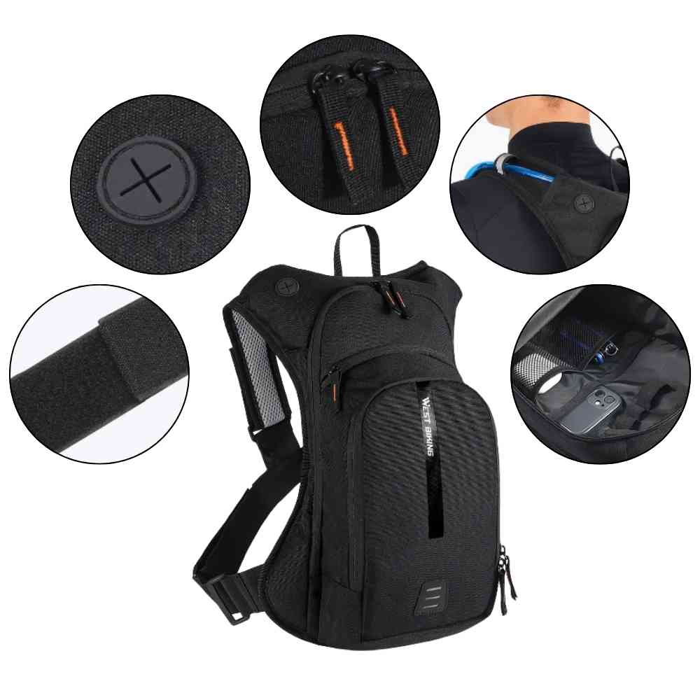 Mochila de Hidratação 10L WEST BIKING Ultraleve Preta Urbanno, com múltiplos círculos destacando detalhes como fechos, compartimento interno, suporte para tubo de hidratação e tira ajustável.