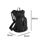 Mochila de Hidratação 10L WEST BIKING Ultraleve Preta Urbanno com linhas e medidas indicando suas dimensões: 44cm de altura, 31cm de largura e 12cm de profundidade.