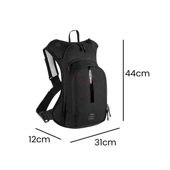 Mochila de Hidratação 10L WEST BIKING Ultraleve Preta Urbanno com linhas e medidas indicando suas dimensões: 44cm de altura, 31cm de largura e 12cm de profundidade.