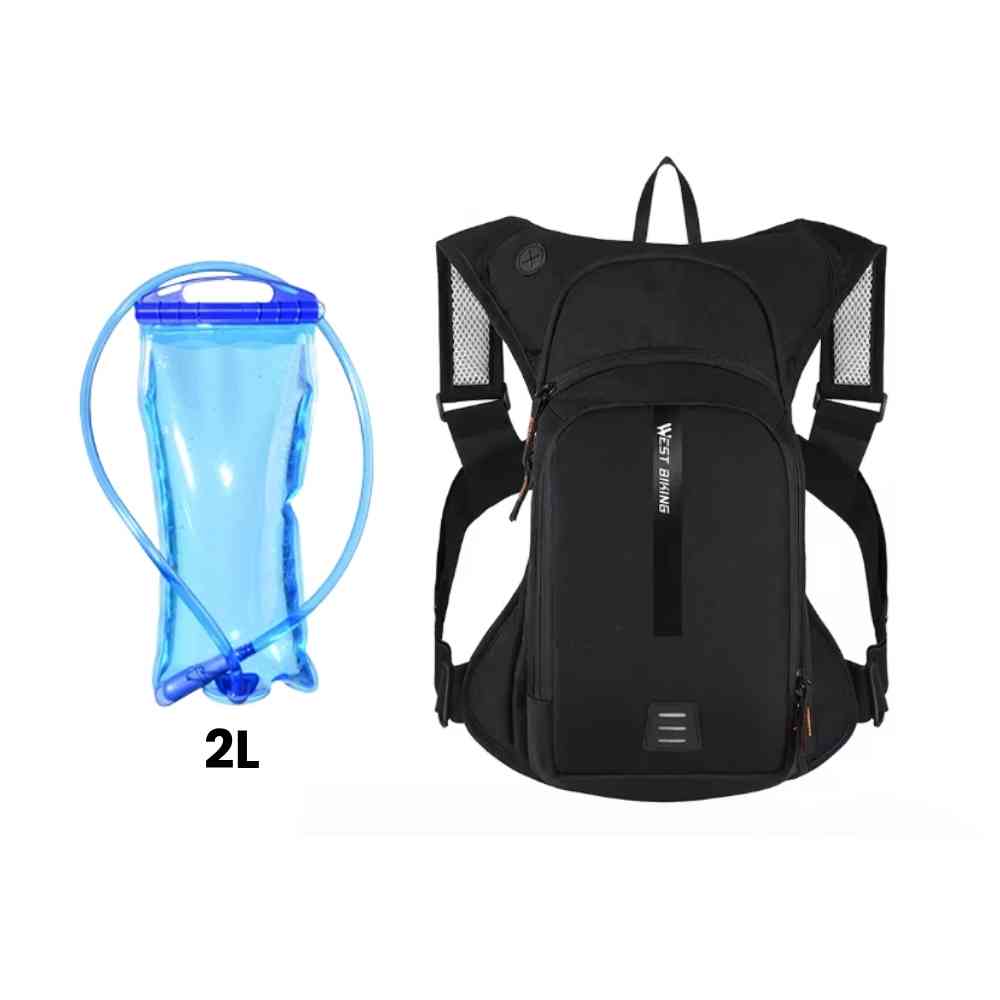 Mochila de Hidratação 10L WEST BIKING Ultraleve Preta Urbanno ao lado do seu reservatório de água azul de 2 litros, destacando ambos os componentes.
