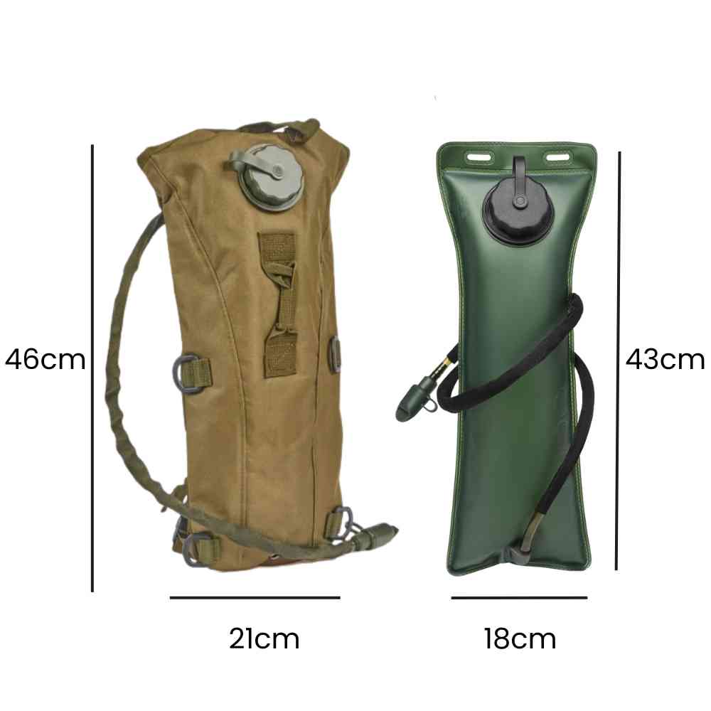 Mochila de Hidratação 3L com Reservatório TPU para Corrida e Ciclismo na cor khaki Urbanno, com linhas indicando suas dimensões: mochila (46x21cm) e reservatório na cor verde militar (43x18cm).