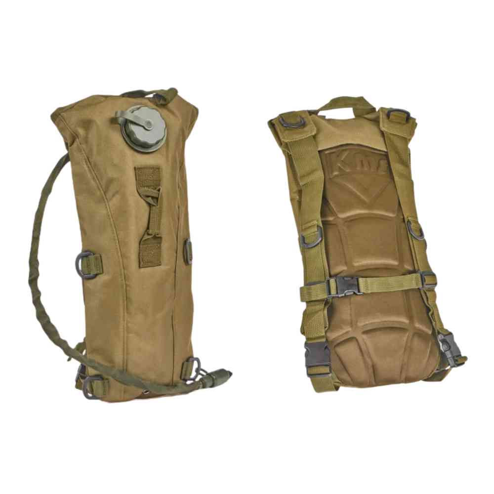 Mochila de Hidratação 3L com Reservatório TPU Khaki Urbanno, exibindo a vista frontal com tubo de hidratação e a vista traseira com as alças e painel acolchoado para as costas.