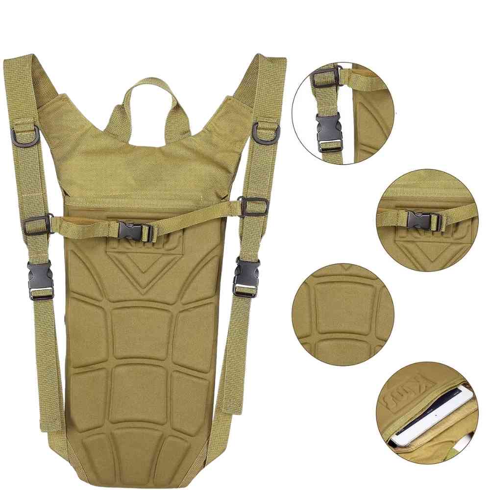 Mochila de Hidratação 3L com Reservatório TPU para Corrida e Ciclismo Khaki Urbanno, mostrando a parte traseira acolchoada com alças ajustáveis e detalhes ampliados das fivelas e de um bolso interno para celular.