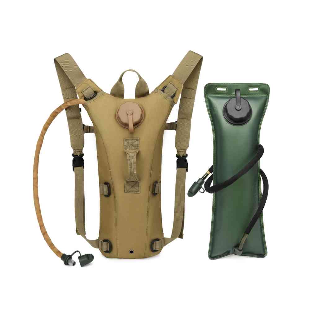 Mochila de Hidratação 3L com Reservatório TPU para Corrida e Ciclismo na cor Khaki Urbanno, exibida ao lado de seu reservatório de água, destacando ambos os componentes para uso em esportes.