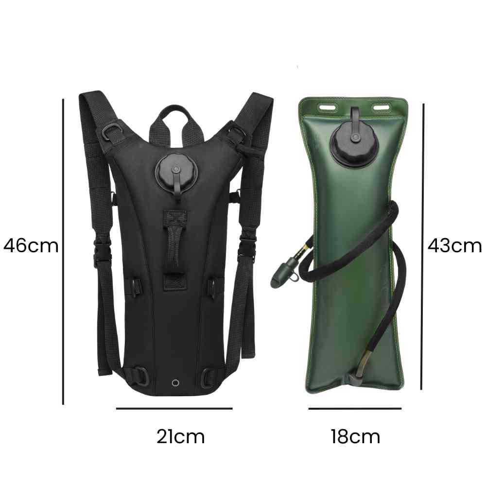 Mochila de Hidratação 3L com Reservatório TPU para Corrida e Ciclismo Preta Urbanno, com linhas indicando suas dimensões: mochila (46x21cm) e reservatório (43x18cm).