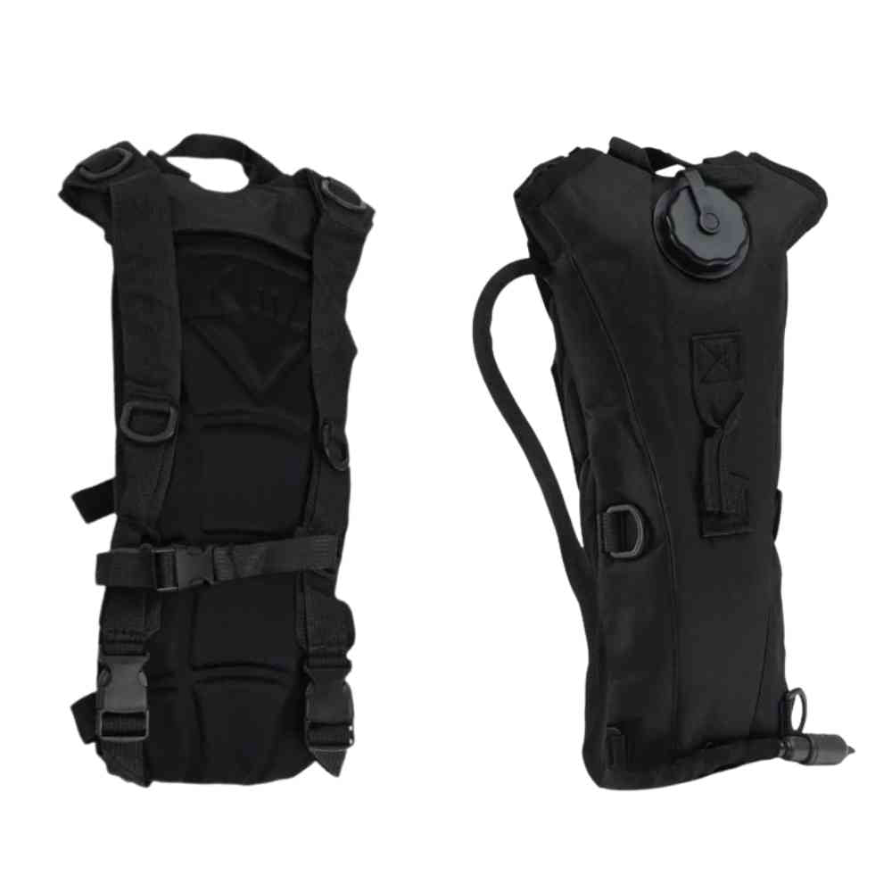 Mochila de Hidratação 3L com Reservatório TPU para Corrida e Ciclismo Preta Urbanno, exibindo a vista frontal com o tubo de hidratação e a vista traseira com as alças e painel acolchoado para as costas.