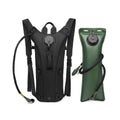 Mochila de Hidratação 3L com Reservatório TPU para Corrida e Ciclismo Preta Urbanno, exibida ao lado de seu reservatório de água verde militar, destacando ambos os componentes para uso em esportes.