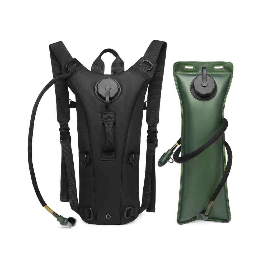 Mochila de Hidratação 3L com Reservatório TPU para Corrida e Ciclismo Preta Urbanno, exibida ao lado de seu reservatório de água verde militar, destacando ambos os componentes para uso em esportes.