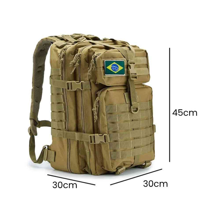 Mochila Militar Tática Impermeável 50L para Viagem e Expedição Khaki Urbanno, com linhas indicando suas dimensões de 45cm de altura, 30cm de largura e 30cm de profundidade.
