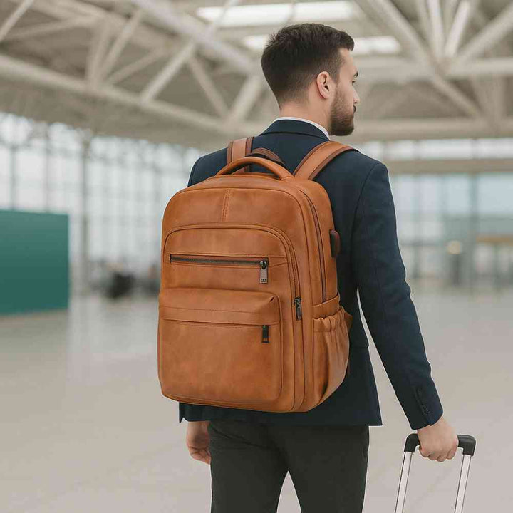 Homem de terno azul usando a Mochila Notebook 15.6" em Couro PU Minimalista USB Marrom Caramelo Urbanno nas costas, puxando uma mala, demonstrando seu uso elegante e prático para viagens de negócios.