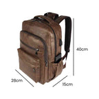 Mochila Notebook 15.6" em Couro PU Minimalista USB Marrom Tabaco Urbanno, com linhas indicando suas dimensões de 40cm de altura, 28cm de largura e 15cm de profundidade.