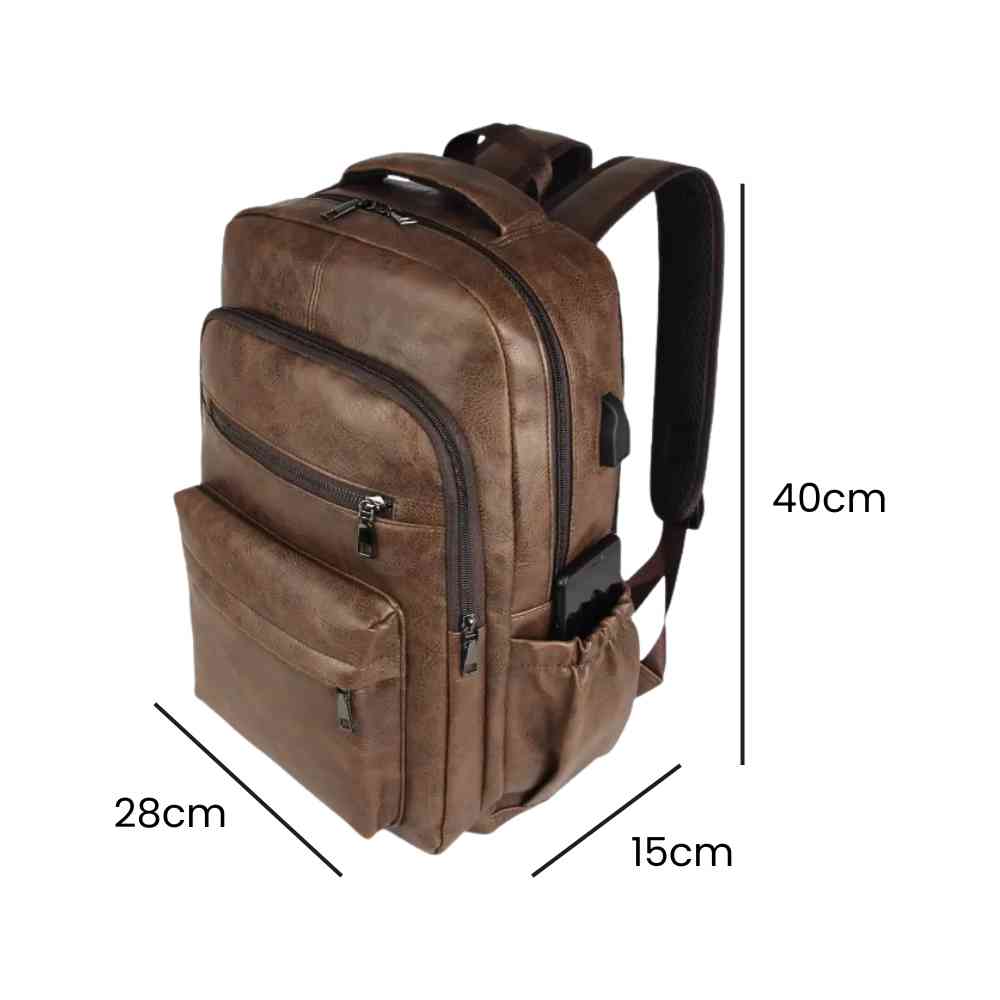 Mochila Notebook 15.6" em Couro PU Minimalista USB Marrom Tabaco Urbanno, com linhas indicando suas dimensões de 40cm de altura, 28cm de largura e 15cm de profundidade.
