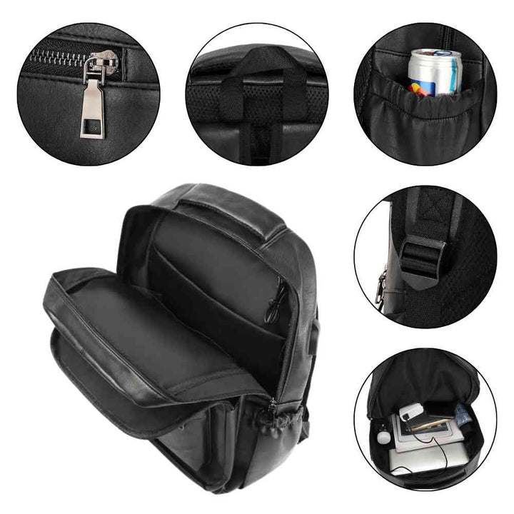 Mochila Notebook 15.6" em Couro PU Minimalista USB Preta Urbanno, com compartimentos internos abertos e círculos detalhando: zíper, alça superior, bolso lateral com lata, alça ajustável e bolso interno com eletrônicos.
