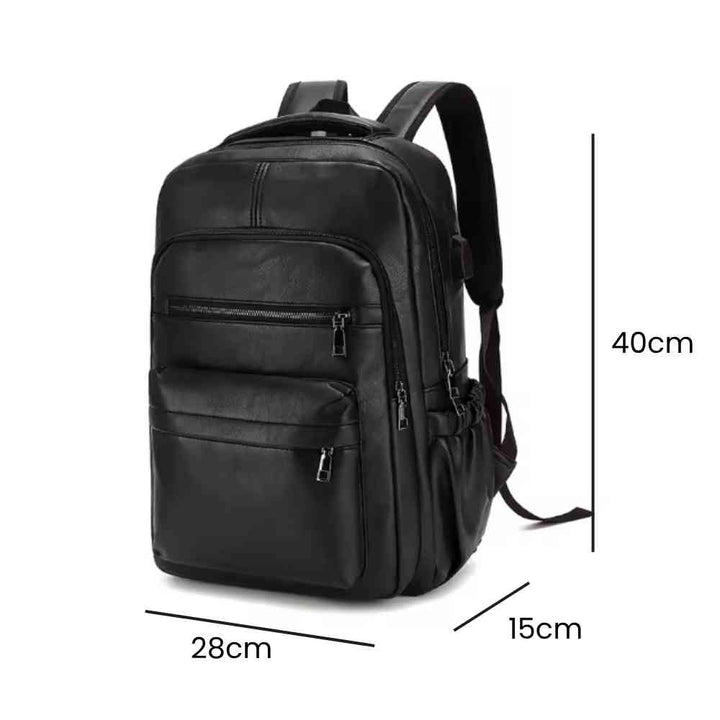 Mochila Notebook 15.6" em Couro PU Minimalista USB Preta Urbanno, com linhas indicando suas dimensões de 40cm de altura, 28cm de largura e 15cm de profundidade.