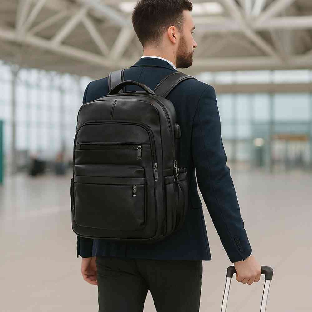 Homem de terno azul usando a Mochila Notebook 15.6" em Couro PU Minimalista USB Preta Urbanno nas costas, puxando uma mala, demonstrando seu uso elegante e prático para viagens de negócios.