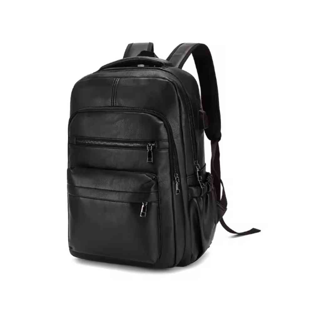 Mochila Notebook 15.6" em Couro PU Minimalista USB Preta Urbanno, vista frontal, com design elegante, vários bolsos com zíper e entrada USB lateral, ideal para trabalho e estudo.