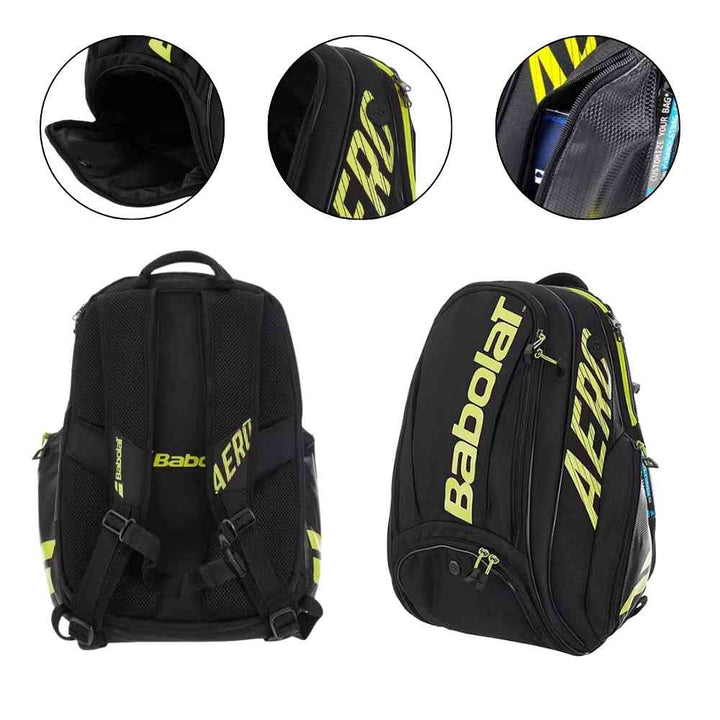 Mochila Raqueteira Babolat AERO Preta com amarelo da Urbanno, mostrando detalhes do compartimento para sapatos, zíperes reforçados e alça de ombro ajustável, destacando organização e conforto