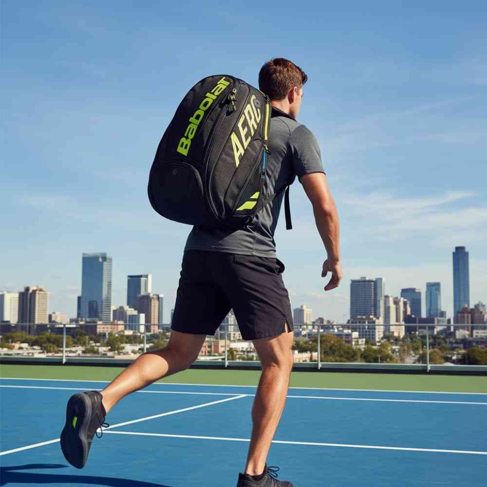 Homem em ambiente externo usando a Mochila Raqueteira Babolat AERO Preta com amarelo,  visual de quadra de tênis ao fundo, demonstrando uso para esporte urbanno