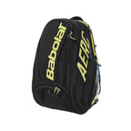 Mochila Raqueteira Babolat AERO preta com amarelo da Urbanno, vista frontal, com design moderno e compartimento superior para raquetes, ideal para jogadores de tênis urbanno