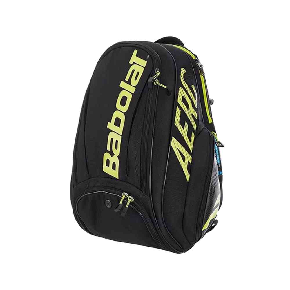 Mochila Raqueteira Babolat AERO preta com amarelo da Urbanno, vista frontal, com design moderno e compartimento superior para raquetes, ideal para jogadores de tênis urbanno