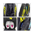 Demonstração de quatro detalhes da mochila raqueteira. Seu amplo compartimento interno. Seu compartimento para sapatos separados. Seu espaço para a raquete com a capa de cabo. E seu bolso lateral espaçoso para bolas águas ou o que for preciso. Encontre na loja urbanno.