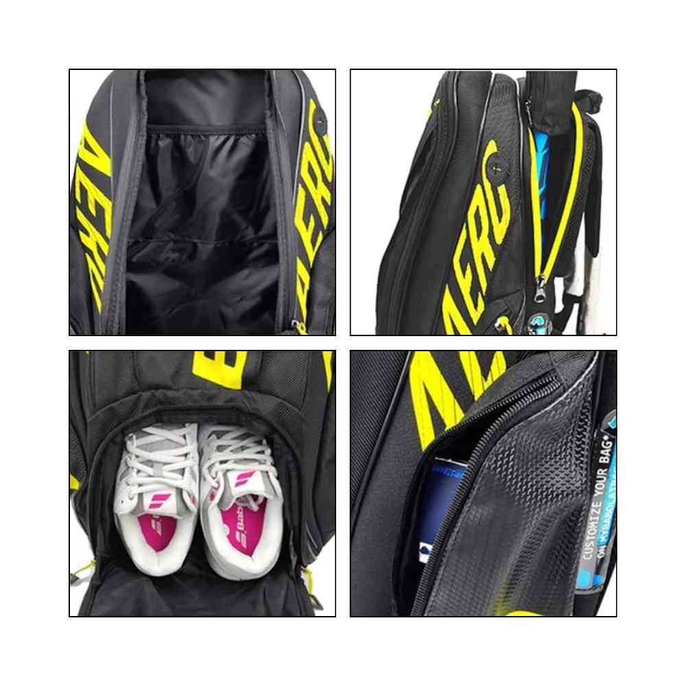 Demonstração de quatro detalhes da mochila raqueteira. Seu amplo compartimento interno. Seu compartimento para sapatos separados. Seu espaço para a raquete com a capa de cabo. E seu bolso lateral espaçoso para bolas águas ou o que for preciso. Encontre na loja urbanno.