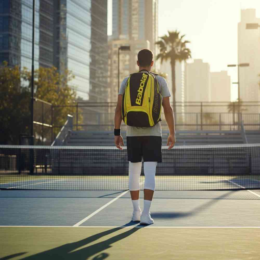 homem entrando em quadra usando a Mochila Raqueteira Babolat amarela e preta da Urbanno, demonstrando uso para esporte em quadra.