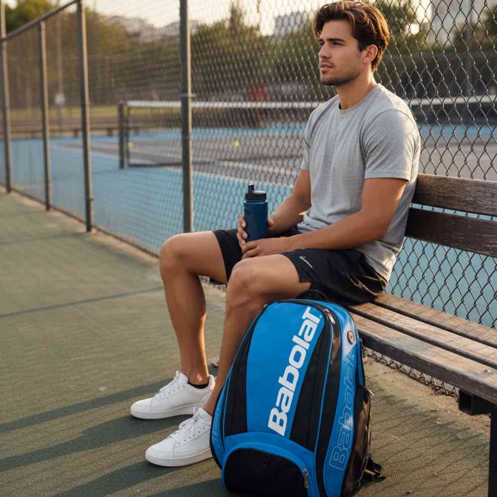 Homem sentado com garrafa de água em mãos. e sua Mochila Raqueteira Babolat azul e preta da Urbanno, com uma raquete inserida e visual de quadra de tênis ao fundo, demonstrando uso para esporte urbanno.