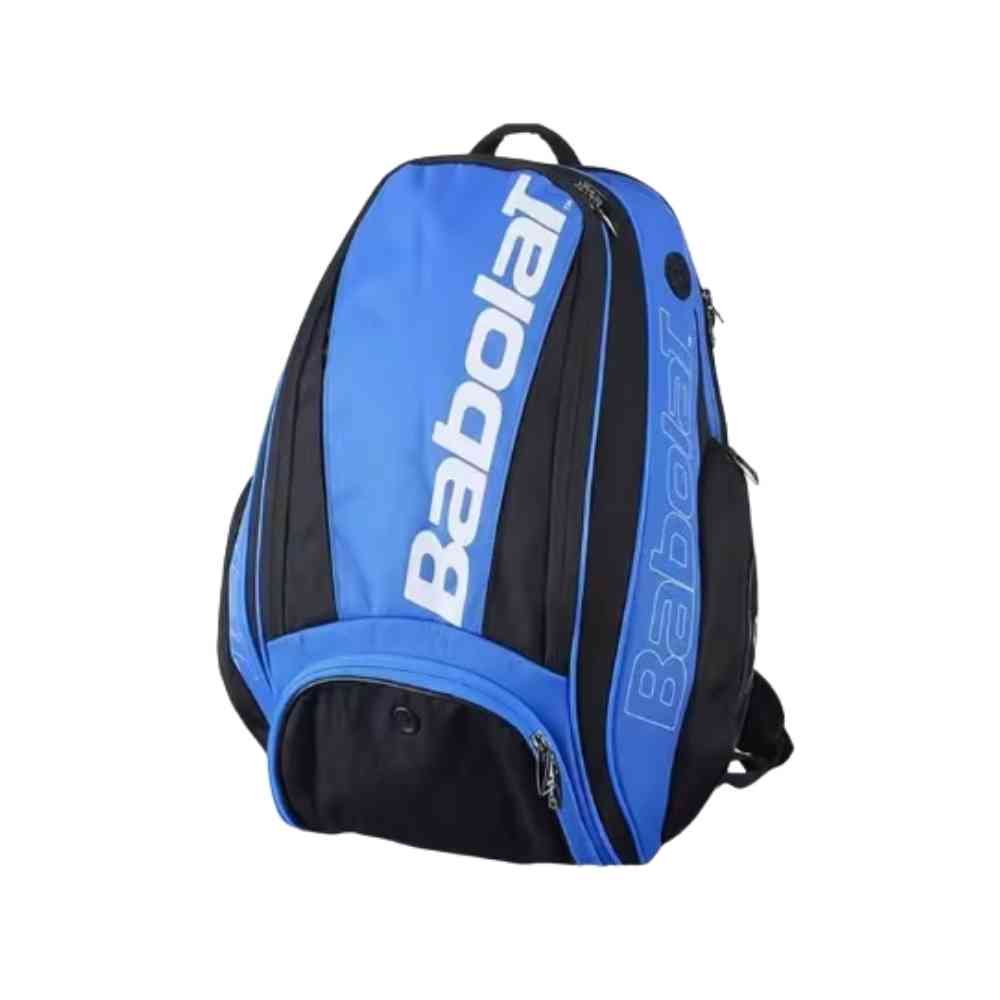 Mochila Raqueteira Babolat azul e preta da Urbanno, vista frontal, com design moderno e compartimento superior para raquetes, ideal para jogadores de tênis urbanno