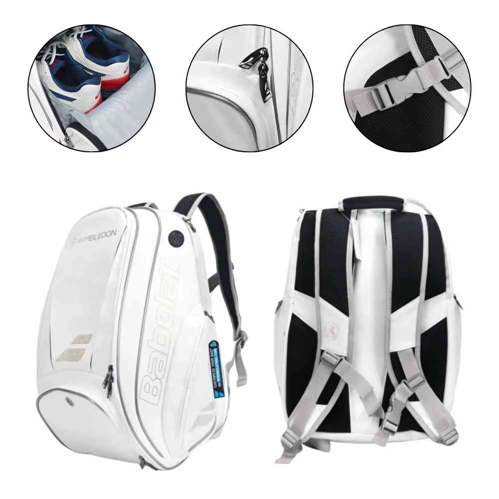 Mochila Raqueteira Babolat Branca e Dourada Urbanno, mostrando detalhes do compartimento para sapatos, zíperes reforçados e alça de ombro ajustável, destacando organização e conforto urbanno