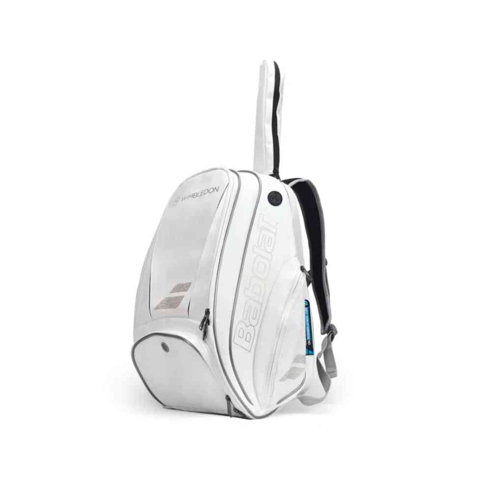 Mochila Raqueteira Babolat Branca e Dourada Urbanno, vista frontal, com design moderno e compartimento superior para raquetes, ideal para jogadores de tênis urbanno