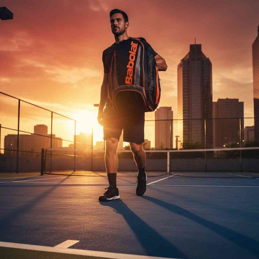 Atleta em ambiente externo em uma quadra de tênis ao entardecer com a  Mochila Raqueteira Babolat preta com laranja da Urbanno, demonstrando uso para esporte de quadra.