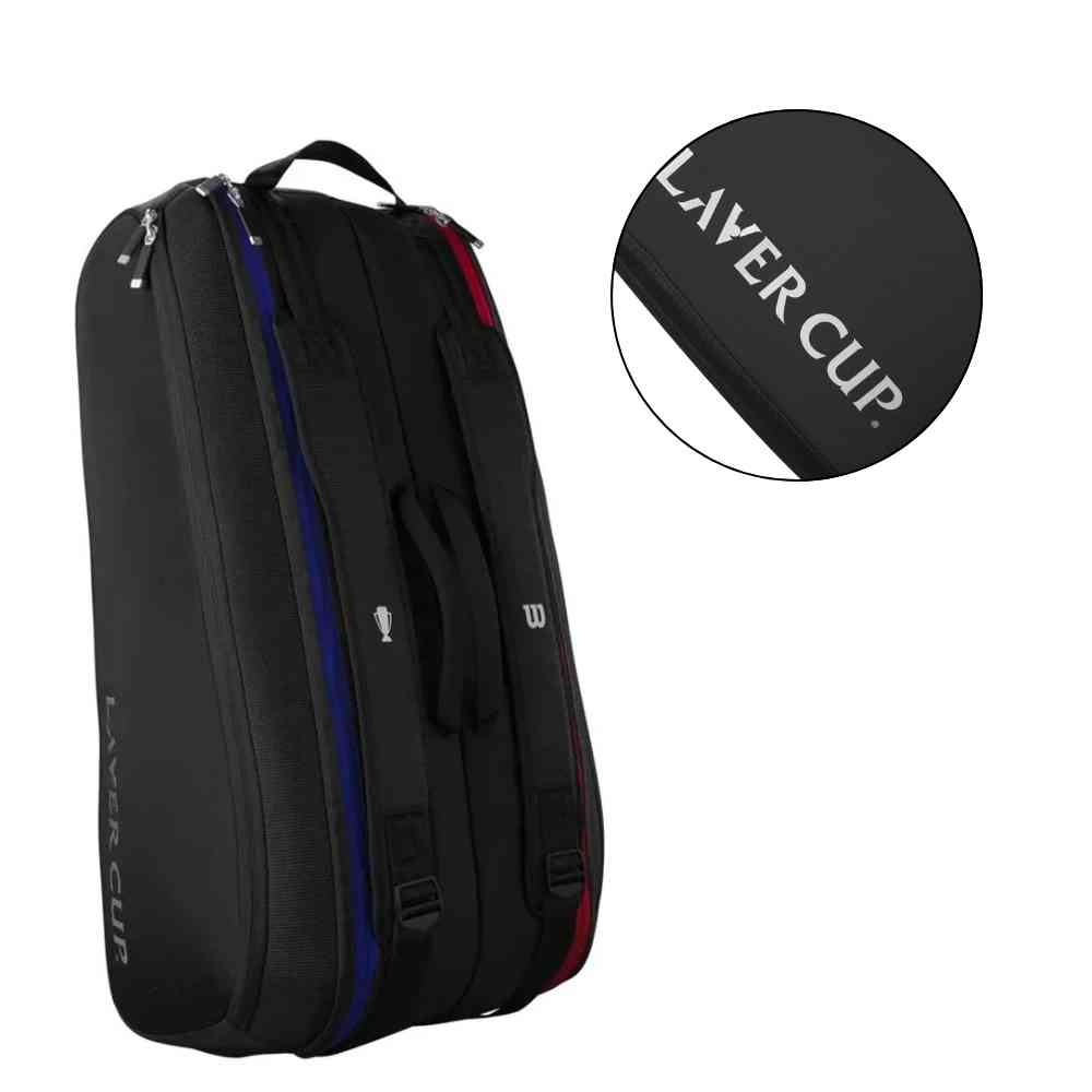 Mochila Raqueteira Wilson Tênis para 9 Raquetes Térmica Preta Urbanno, vista das costas como mochila, com detalhes das alças e um círculo ampliando a inscrição "LAVER CUP" na lateral.