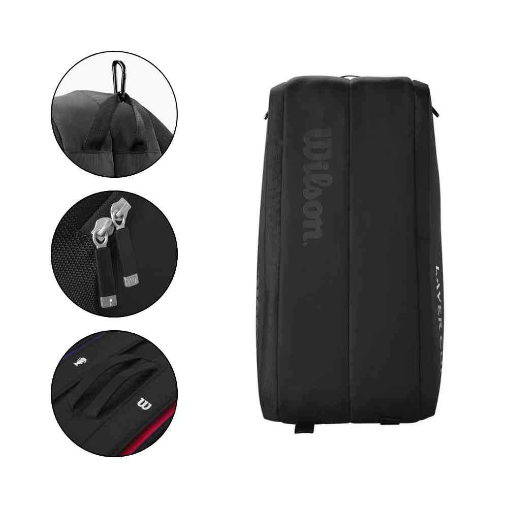 Mochila Raqueteira Wilson Tênis para 9 Raquetes Térmica Preta Urbanno, com três círculos detalhando o gancho superior, puxadores dos zíperes e a alça lateral.