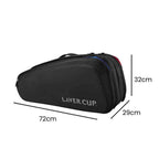 Mochila Raqueteira Wilson Tênis para 9 Raquetes Térmica Preta Urbanno, com linhas indicando suas dimensões de 72cm de comprimento, 32cm de altura e 29cm de largura.