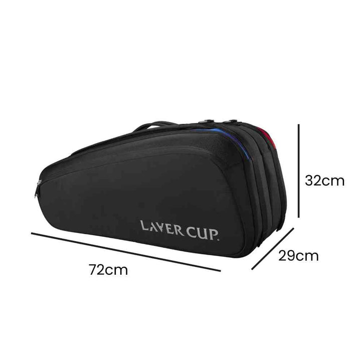 Mochila Raqueteira Wilson Tênis para 9 Raquetes Térmica Preta Urbanno, com linhas indicando suas dimensões de 72cm de comprimento, 32cm de altura e 29cm de largura.