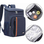Mochila Térmica Cooler 18L Urbanno azul, mostrando interior com bebidas e frutas e detalhe do revestimento térmico interno