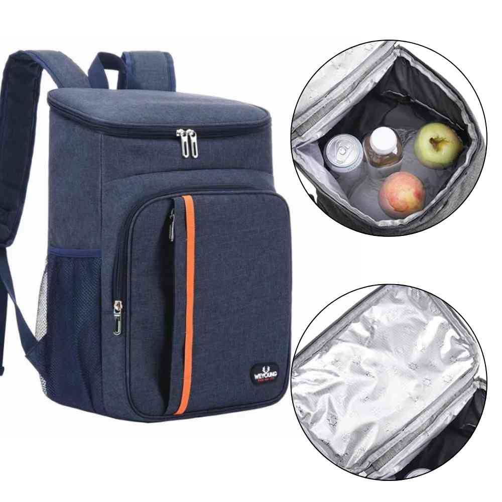 Mochila Térmica Cooler 18L Urbanno azul, mostrando interior com bebidas e frutas e detalhe do revestimento térmico interno