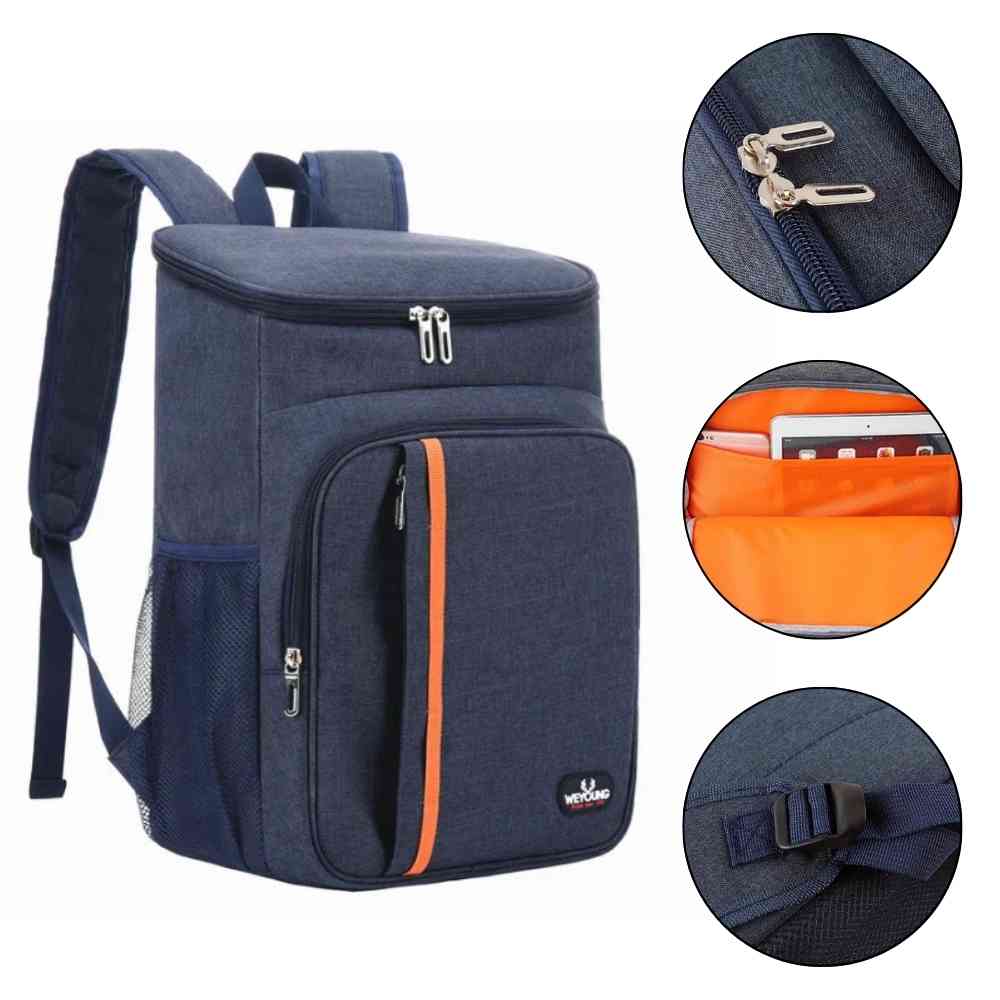 Mochila Térmica Cooler 18L Urbanno azul, mostrando detalhes dos zíperes, compartimento frontal e alças traseiras para funcionalidades