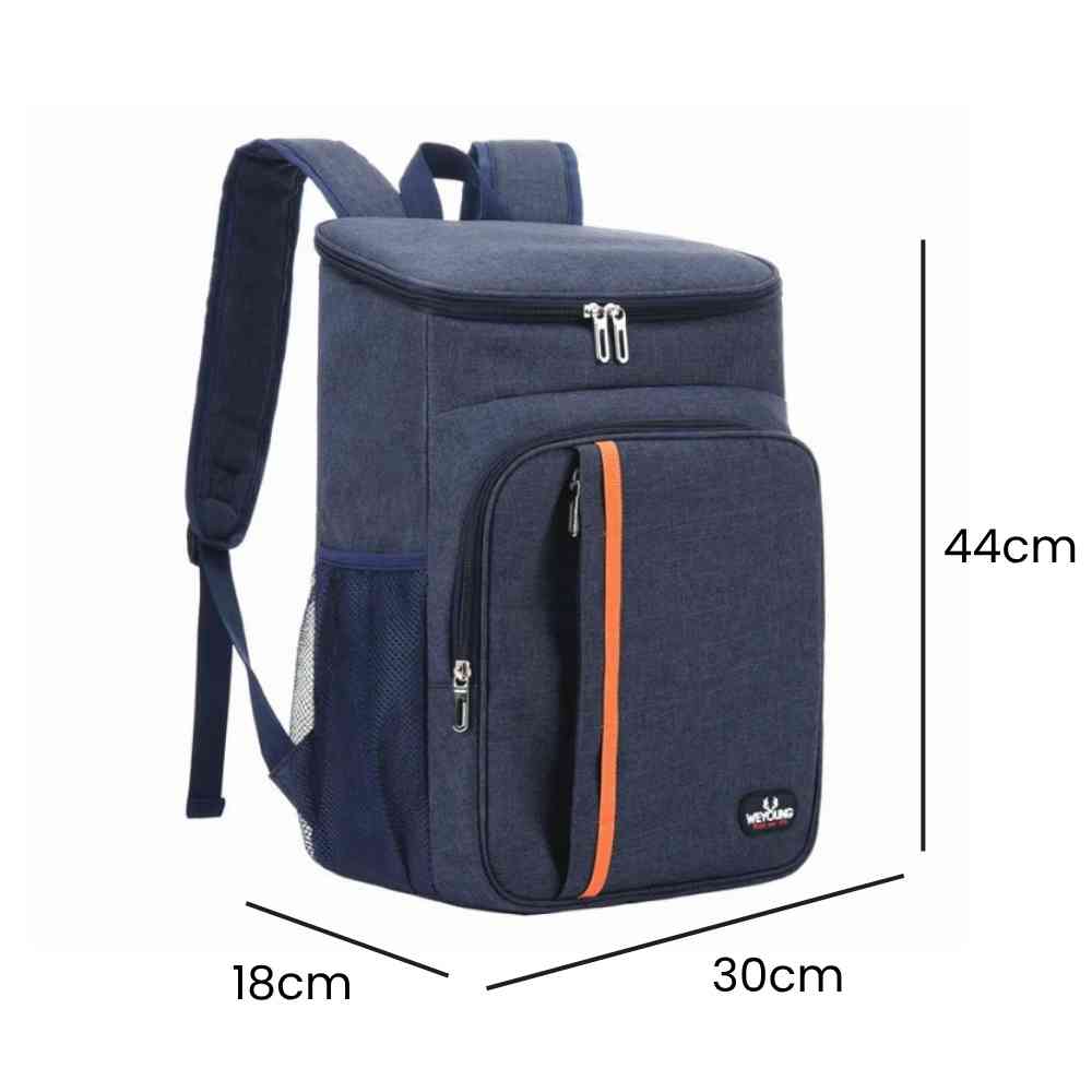 Mochila Térmica Cooler 18L Urbanno azul, exibindo suas dimensões de 44x30x18cm para transporte prático