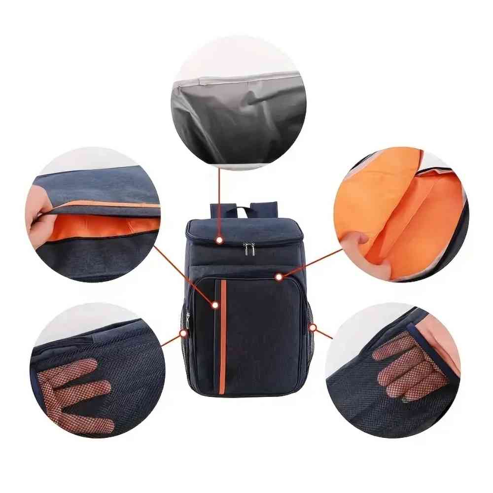 Mochila Térmica Cooler 18L Urbanno azul, destacando isolamento interno, material externo impermeável e compartimento interno com divisória laranja